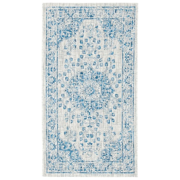 Courtyard Gray/Navy 3 ft. x 5 ft. Distressed Border Ornate Indoor/Outdoor Area Rug
