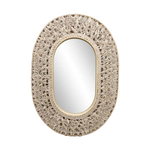 PARISLOFT 24.5 in. W x 34.4 in. H Oval Rattan and Bamboo Framed Brown Wall Mirror