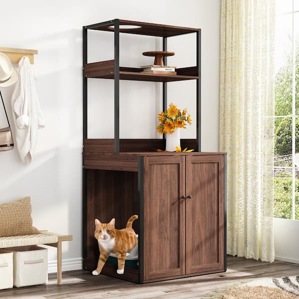 FUFU&GAGA Cat Litter Box Enclosure Furniture with Shelves, Large Cat Washroom Furniture Cat House for Smart Litter Box, in walnut