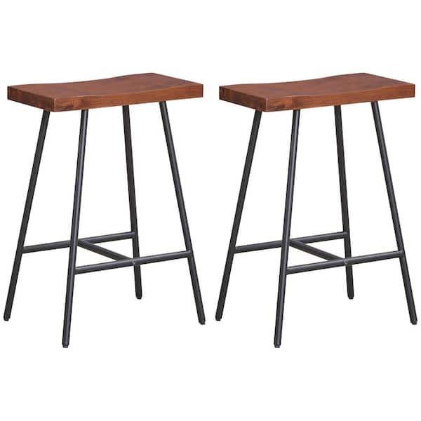 Costway 25 in. Brown Metal Industrial Saddle Stool Counter Height Bar Stool Dining Pub Chair with Wood Seat