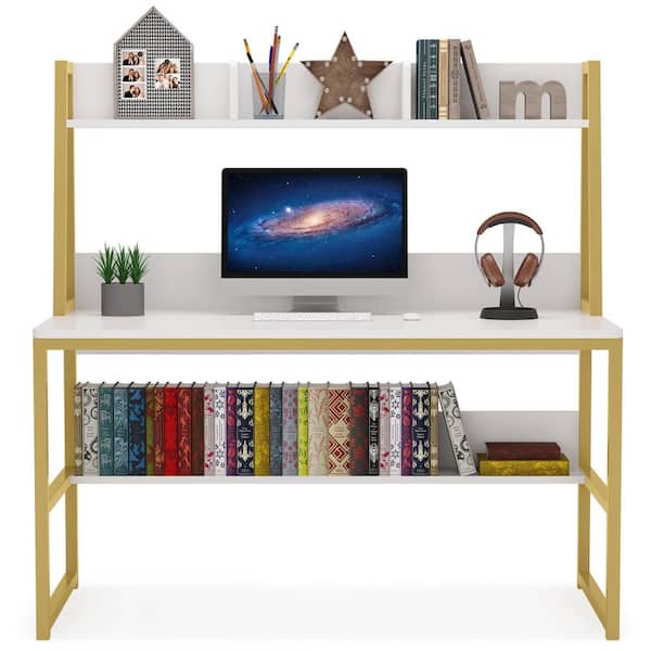 TRIBESIGNS WAY TO ORIGIN Halseey 63 in. Rectangular White Wood Computer Desk  with Gold Metal Legs, Modern Study Writing Table Conference Table  HD-YS0035-HYF - The Home Depot