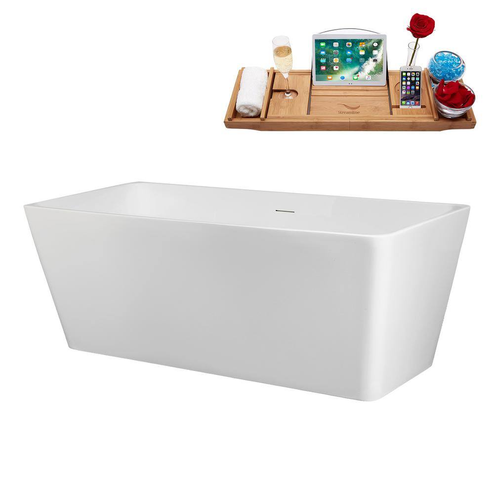 59" Glossy White Acrylic Freestanding Soaking Bathtub with Bamboo Tray