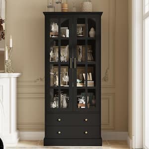 70.1 in. Tall Black Wood 4-Shelf Standard Bookcase Bookshelf With Tempered Glass Doors, 2-Drawers