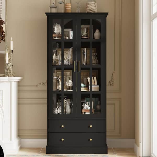 FUFU&GAGA 70.1 in. Tall Black Wood 4-Shelf Standard Bookcase Bookshelf With Tempered Glass Doors, 2-Drawers