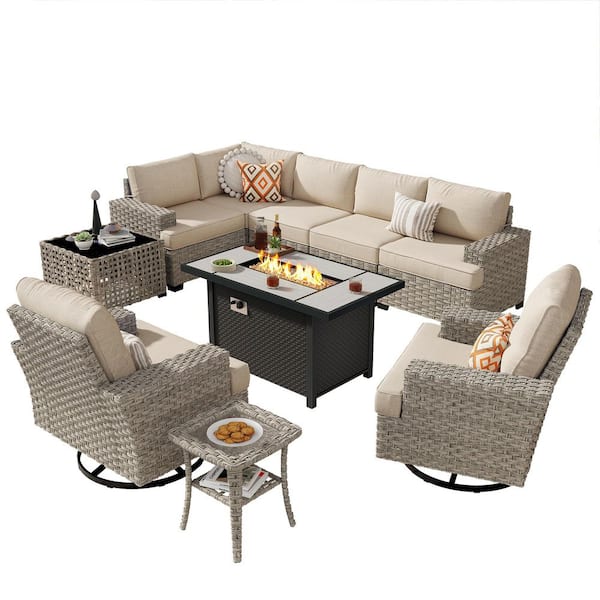 Felicity 10 Pieces Wicker Outdoor Patio Rectangular Fire Pit Set and Swivel Rocking Chairs with Beige Cushions