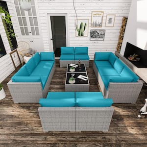 12-Piece Wicker Outdoor Patio Conversation Seating Sofa Set with Coffee Table, Light Blue Cushions