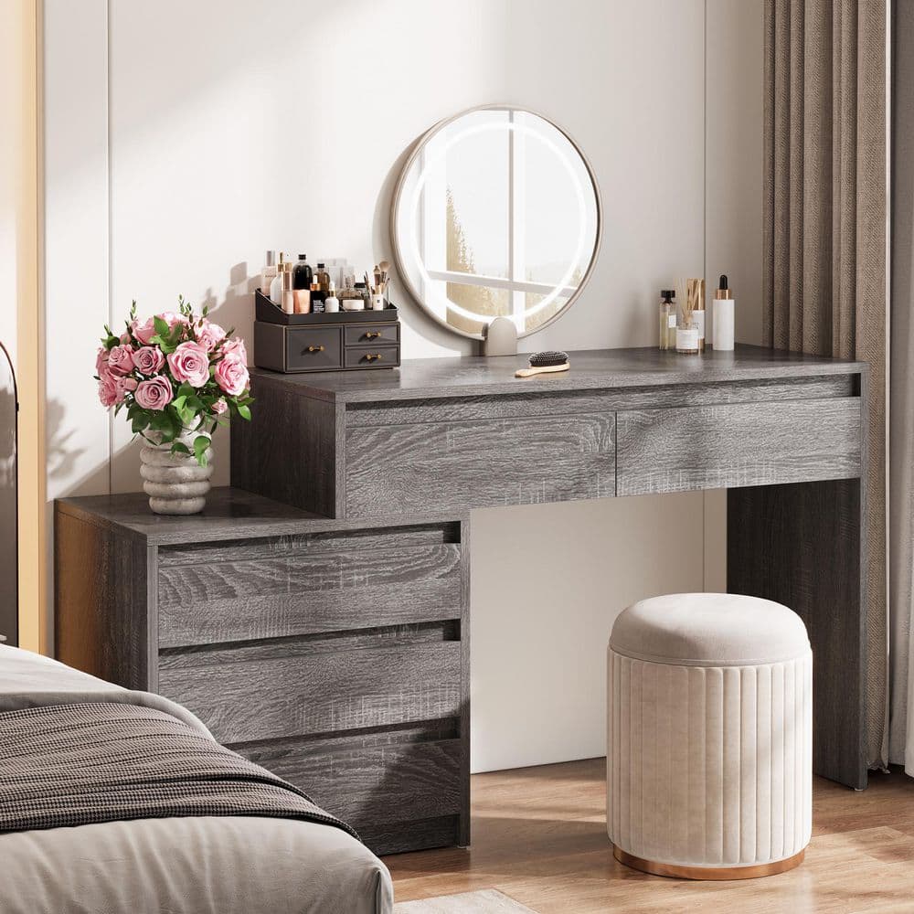 BYBLIGHT 1-Piece Grey Makeup Vanity Table with 5 Drawers, Dressing Table, Vanity Desk for Bedroom