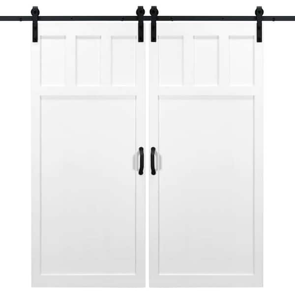 Dogberry 42 in. x 84 in. White Craftsman Wood Double Sliding Barn Door with Hardware Kit