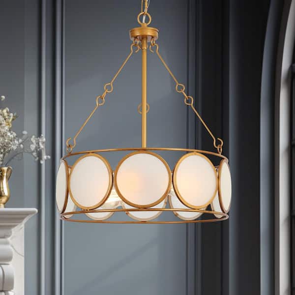 3-Light Antique Gold Modern Pendant Light, Frosted Glass Round Chandelier, Transitional Dining Room Drum Chandelier