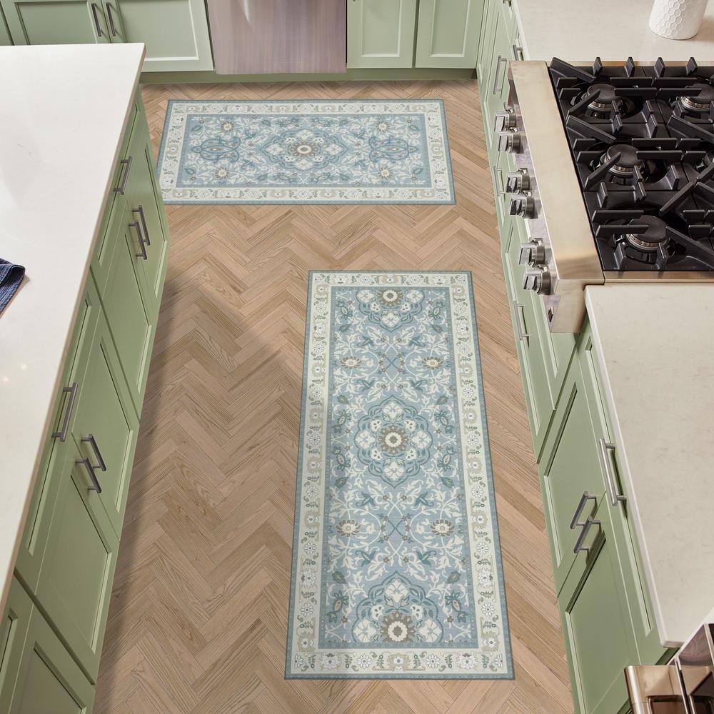 Laura Ashley Aurora Chenille Blue Ivory 2 ft. x 9 ft. Medallion Border