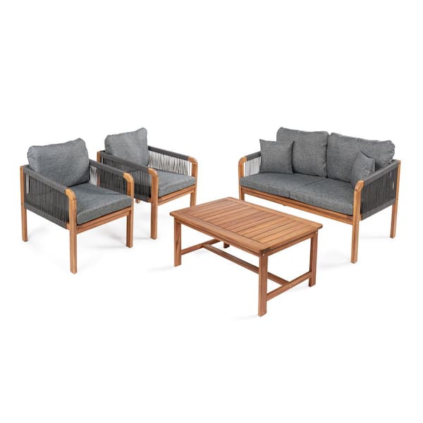 JONATHAN Y Tavira 4-Piece Modern Bohemian Acacia Wood Outdoor Patio Set and Plain Decorative Pillows, Gray/Teak Brown Cushions