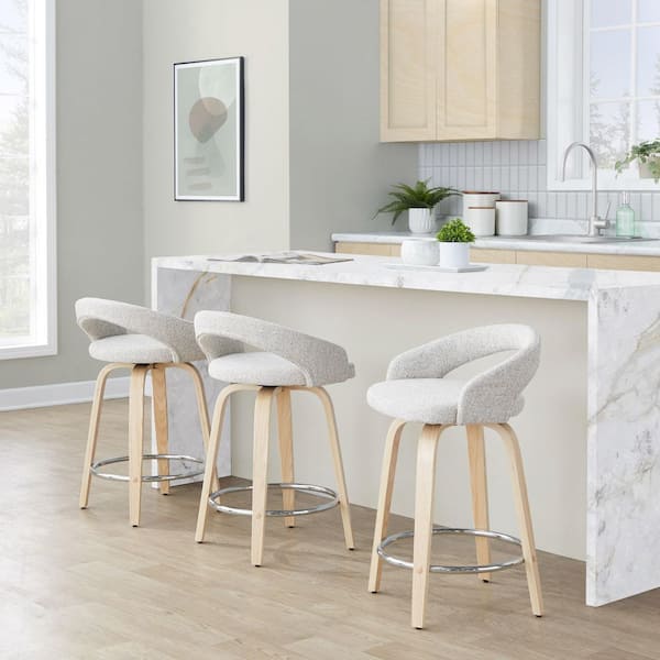 Grotto Upholstered 24 in. Natural Wood and Oat Noise Fabric Fixed-Height Counter Stool (Set of 2)