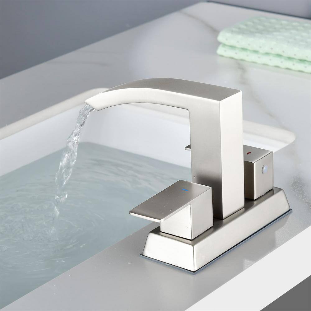 Brushed Nickel Double Handle Waterfall Bathroom Faucet with Pop-Up Drain