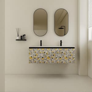 18 in. W x 17 in. H x 48 in. D Black Floating Wall-Mounted Bath Vanity in Zebra Print with 2 Sinks White Ceramic Top