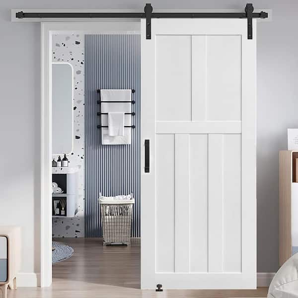 WRIGHTMASTER 32 in. x 80 in. White Finished Five Panel MDF Sliding Barn Door with Hardware Kit