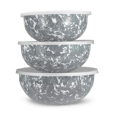Grey Swirl 3-Piece Enamelware Mixing Bowl Set with Lids