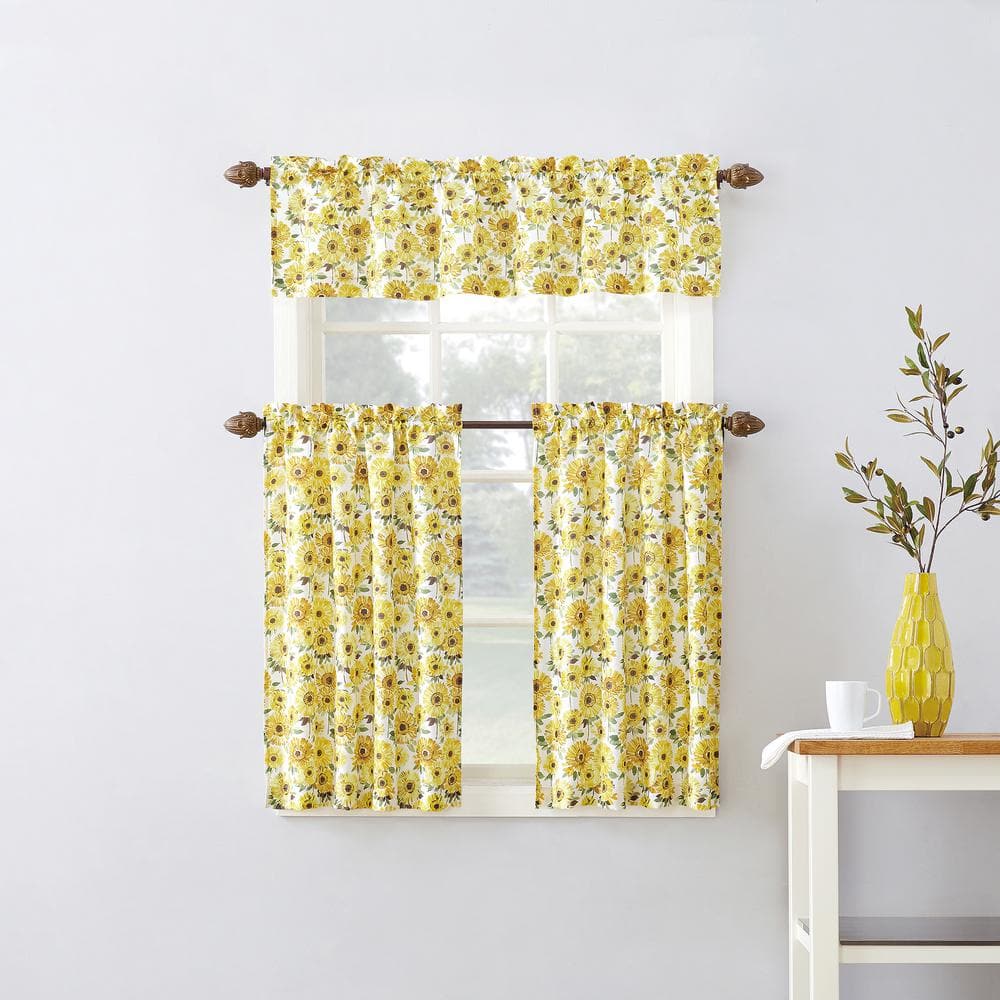 Yellow Sunflower Print Semi-Sheer Rod Pocket Kitchen Curtain Set
