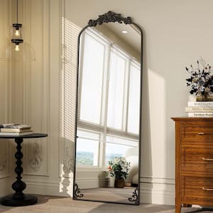 21 in. W x 64 in. H Arched Black Metal Framed with Carved Decoration Full Length Mirror