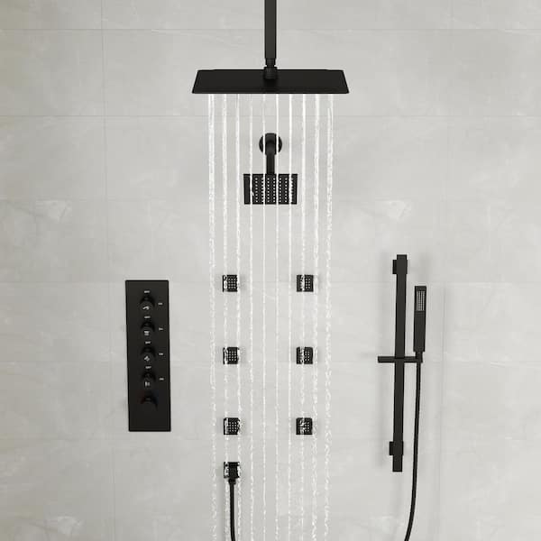 15-Spray Patterns 16 and 6 in. Ceiling Mount Dual Shower Head and Handheld with Sliding Bar 2.5 GPM in Matte Black