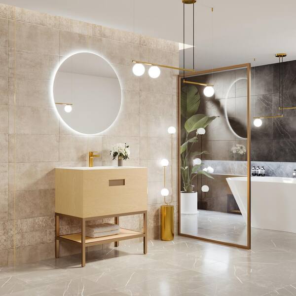 Eviva Iris 30 in. W. x 22 in. D x 33.5 in. H Oak Freestanding Bathroom Vanity with White Solid Surface Integrated Sink Top