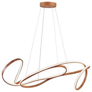 1-Light Dimmable Curvy Integrated LED Brown Wood Print Chandelier