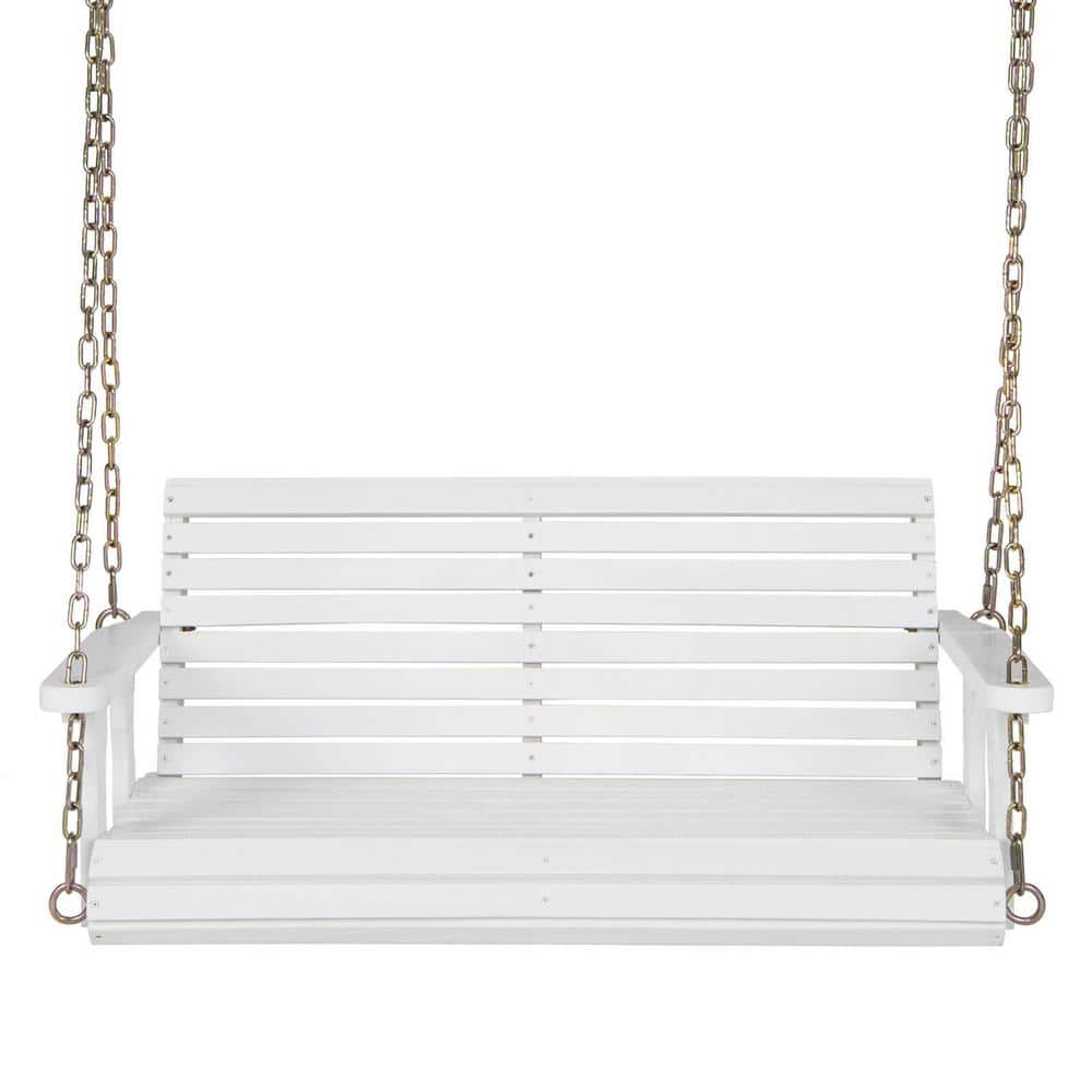 2-Person Wood White Porch Swing with Hanging Chains for Garden Yard
