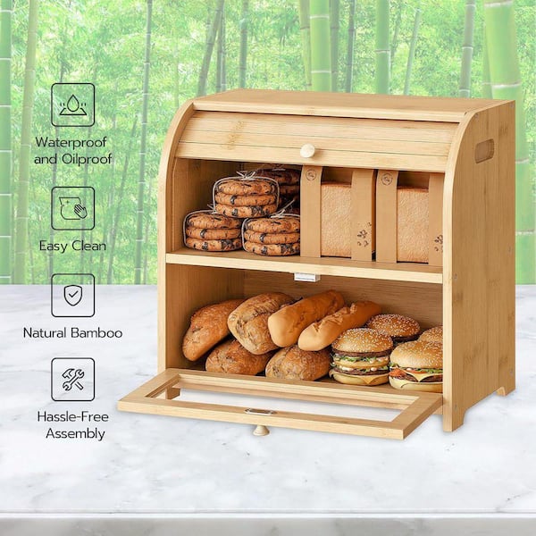 Lynzavix Bamboo Roll-Top 2 Tier Bread Box with Acrylic Door Vents
