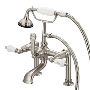 3-Handle Claw Foot Tub Faucet with Labeled Porcelain Lever Handles and Handshower in Brushed Nickel