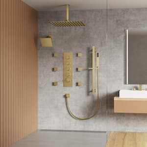 Thermostatic Valve 15-Spray 16 and 6 in. Dual Ceiling Mount Shower Head and Handheld Shower 2.5 GPM in Brushed Gold