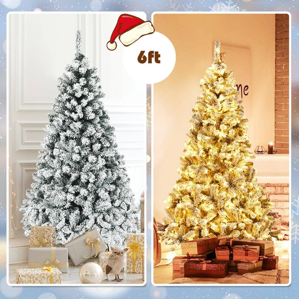 6FT Snow Flocked Pre-Lit Pine Christmas Tree with LED Lights
