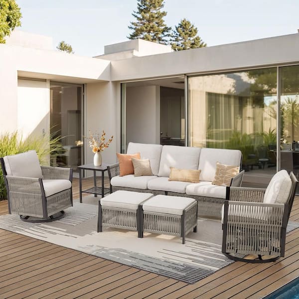 Buenaola Nyajiah 6-Piece Wicker Patio Conversation Set with Beige Cushions