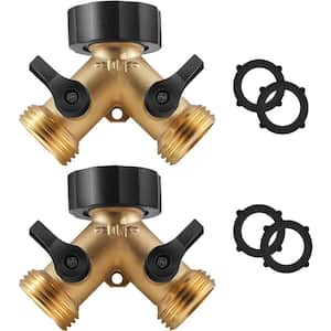 Solid Brass 2-Way Y-Valve Garden Hose Connector Diverter Extra 4 Rubber Hose Gaskets with Comfort Grips, (Pack of 2)