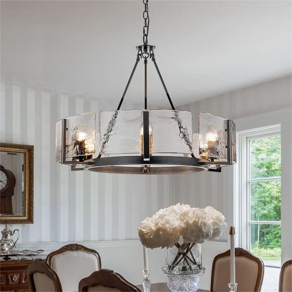 Chloe 6-Light Farmhouse Black Wagon Wheel Rippled Glass Chandelier