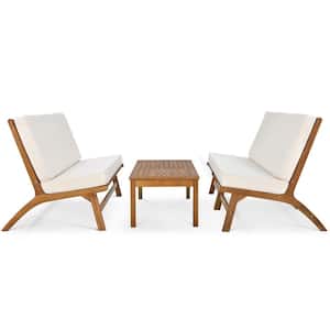 4-Piece Acacia Solid Wood Outdoor Sofa Patio Conversation Set with Beige Cushions