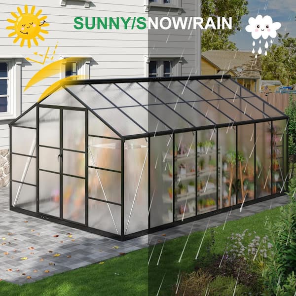 NETAJE 10 ft W x 16 ft D Black Polycarbonate Greenhouse with Quick
