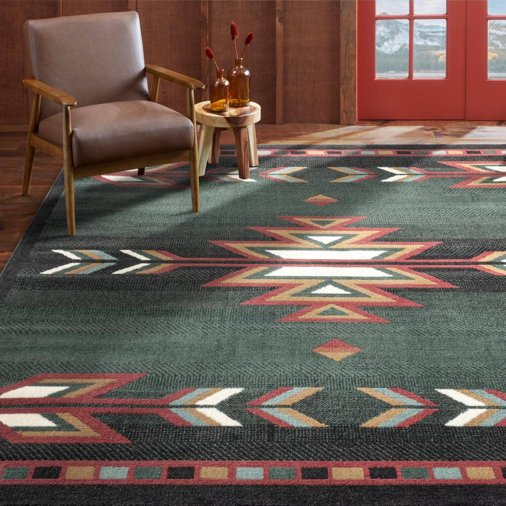 Southwestern Geometric Green and Red Synthetic Area Rug, 5'2" x 7'4"