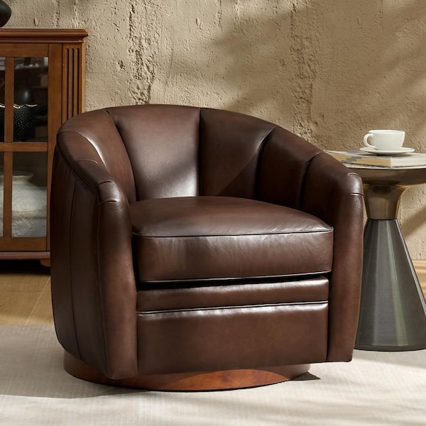 JAYDEN CREATION Piana Brown Genuine Leather Accent Chair with Swivel