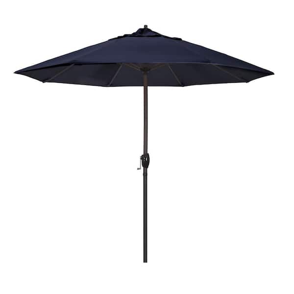 California Umbrella 9 ft. Aluminum Market Auto Tilt Crank Lift Bronze Patio Umbrella in Navy Pacifica