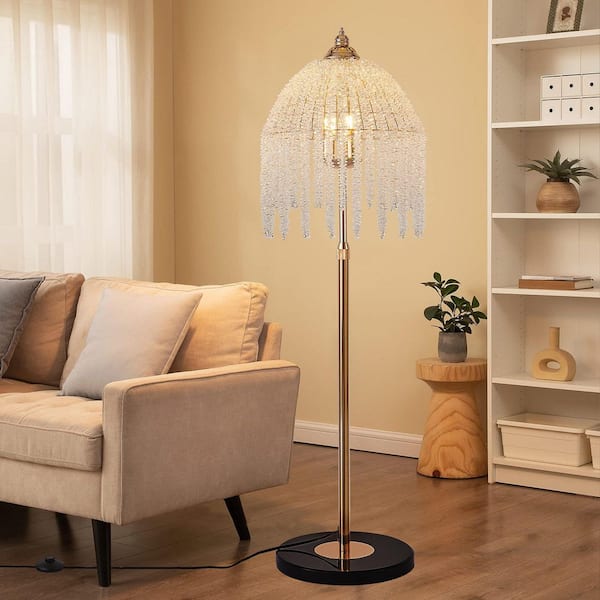 63 in. H Gold 3 Light Crystal Lantern Floor Lamp with Marble Texture Base and Foot Switch, E12, No Bulbs Included