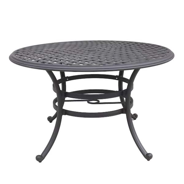 Misopily Modern Style Round Powder-Coated Cast Aluminum And Polished Welds Outdoor Dining Table w/Umbrella Hole in Espresso Brown
