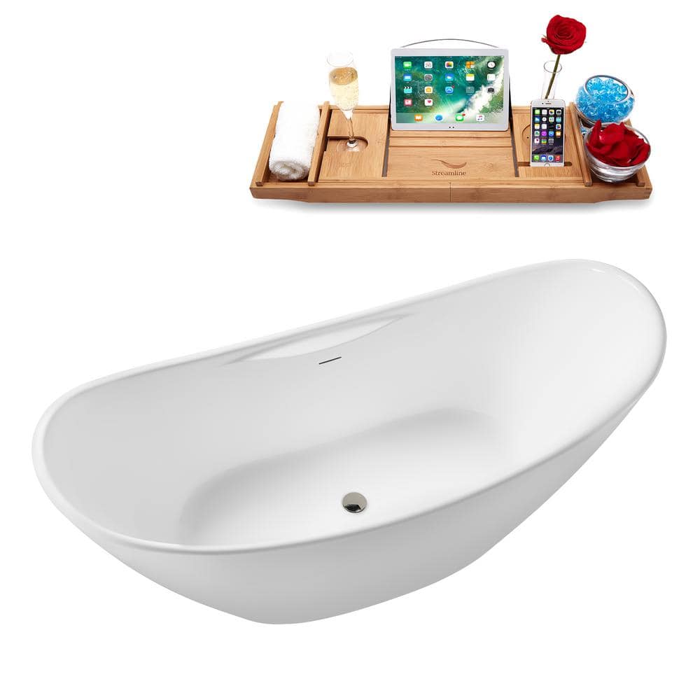 68" Glossy White Acrylic Double Slipper Freestanding Tub with Tray