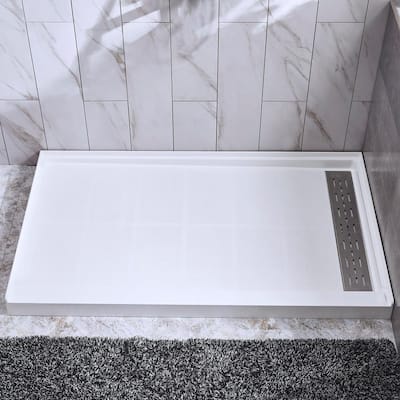 Whalton 60 in. L x 34 in. W Solid Surface Alcove Shower Pan Base with Right Drain in White