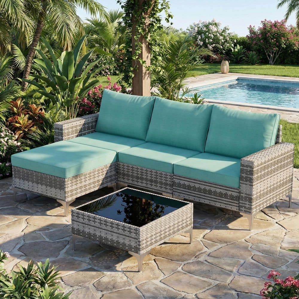 Gray 5-Piece Wicker Outdoor Patio Conversation Set with Green Cushions and Glass Coffee Table price history on PriceWatchPro
