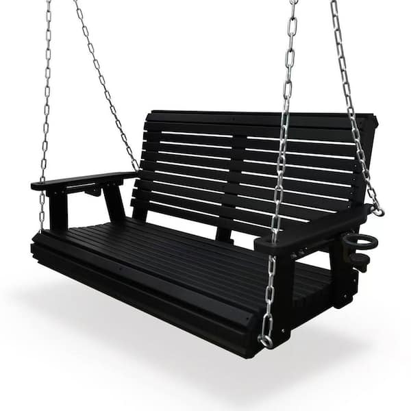 2-Person Black Wood Porch Swing with 4 Hanging Ropes