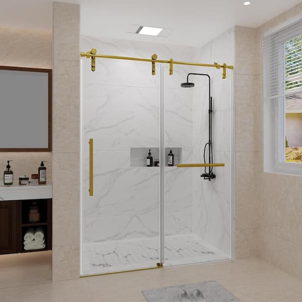 KULLAVIK 56-60 in. W x 76 in. H Sliding Frameless Glass Shower Door, Sliding Roller Shower Door, Stylish, Modern, Golden