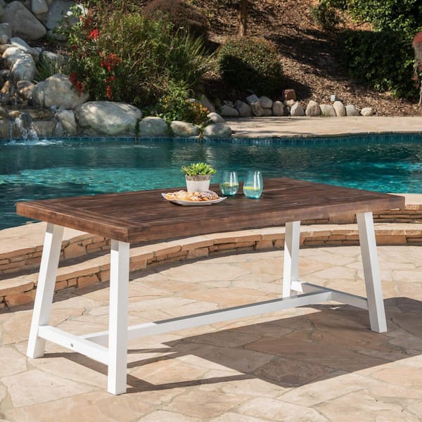 Harper & Bright Designs Outdoor Brown Sandblast Finish Acacia Wood Dining Table with Rustic White Metal Frame