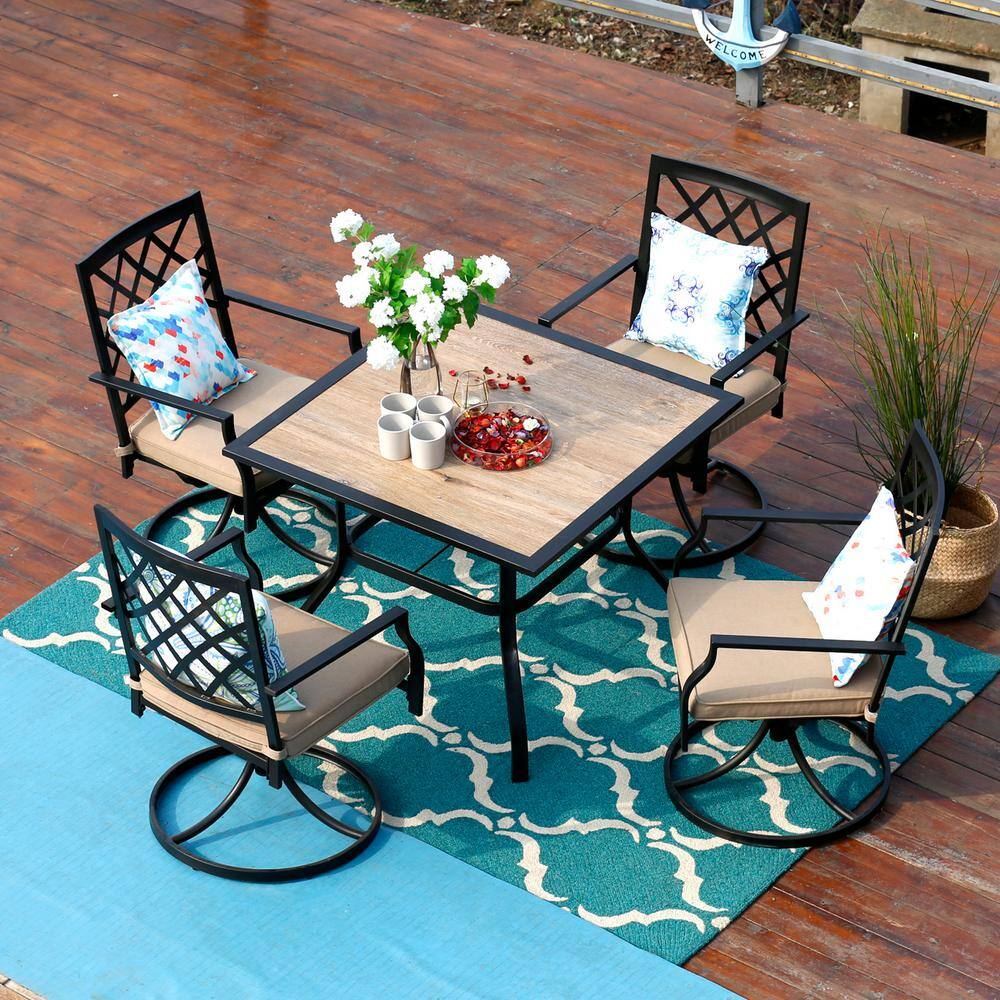 PHI VILLA Black 5-Piece Metal Square Table Patio Outdoor Dining Set ...