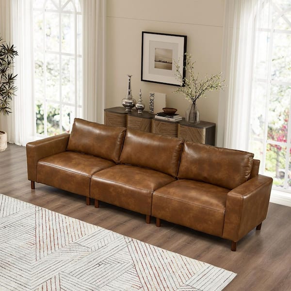 Drevin Modern 112 in. Square Arms PU Faux Leather Upholstered Rectangle 3-Seater Sofa in Brown