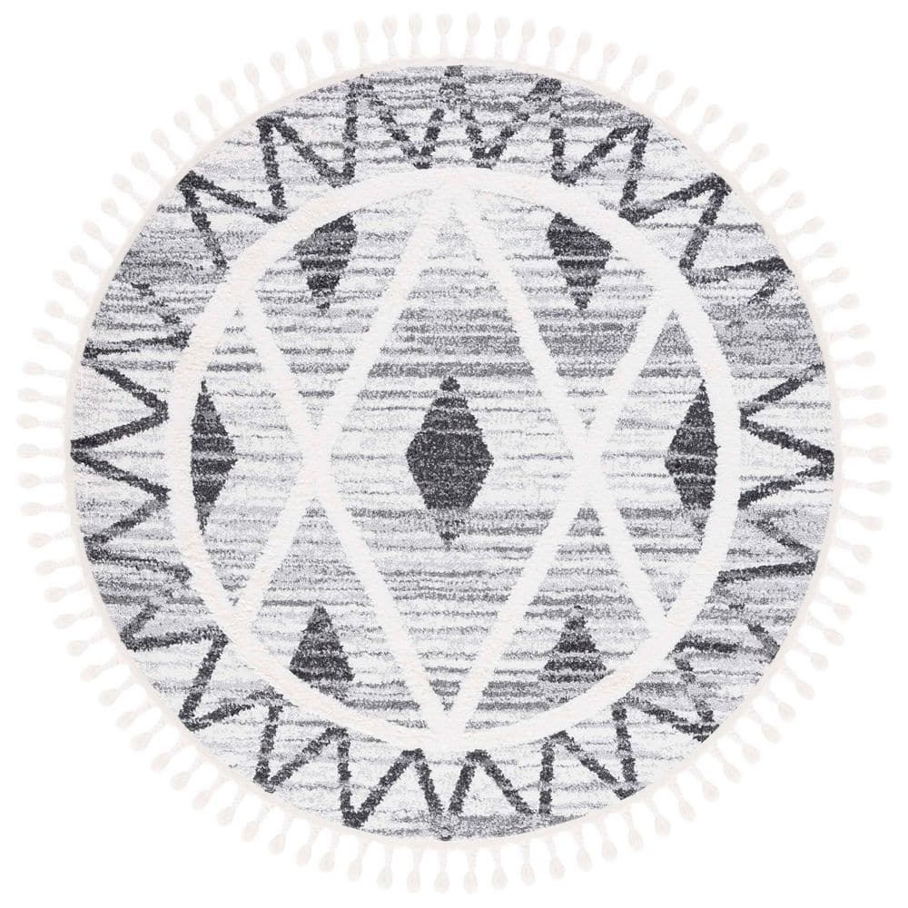 Moroccan Tassel Shag 7 ft. x 7 ft. Gray/Ivory Zig-Zag Border Diamond Round Area Rug price history on PriceWatchPro