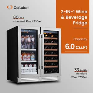 30 in. Dual Zone 33-Wine Bottles and 80-Cans Beverage & Wine Cooler in Stainless Steel Built-in Refrigerator Mini Fridge